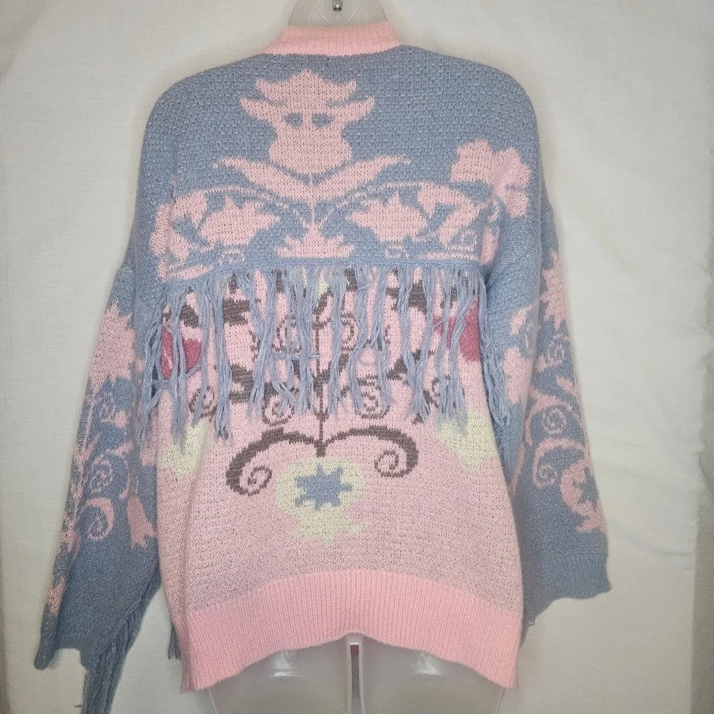 Nasty Gal Floral Fringe Knit Cardigan Pink Oversized Drop Sleeve  NWT PTP 24" - Picture 7 of 12